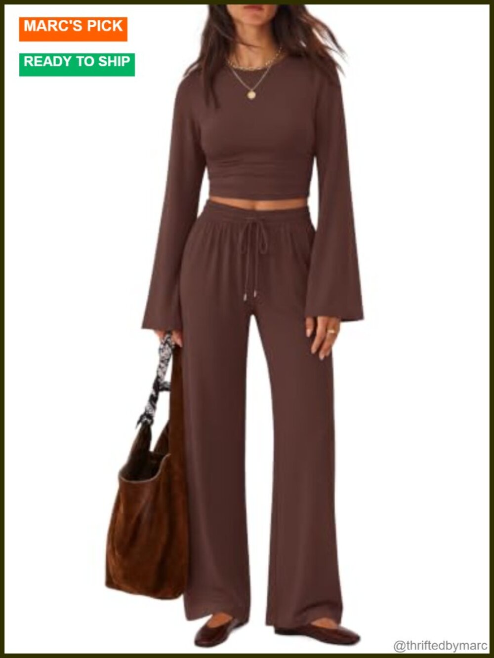 Knitted Lounge Set with Bell Sleeve Top & Wide Leg Pants